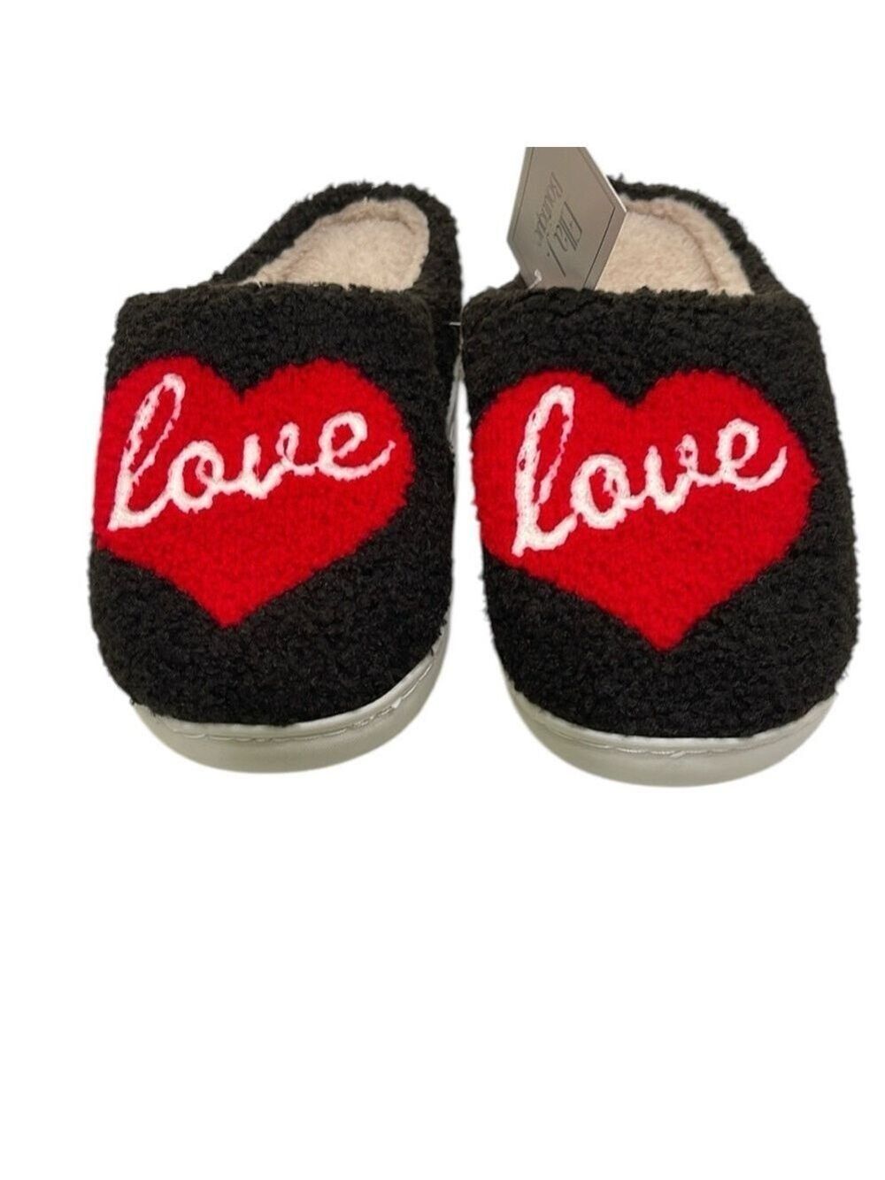 NWT Love Heart Nubby Texture Slippers Black Red SZ L